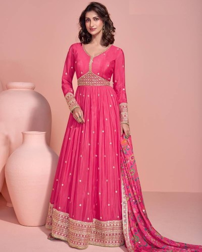 embroidered chinon free size anarkali suit semi stitched